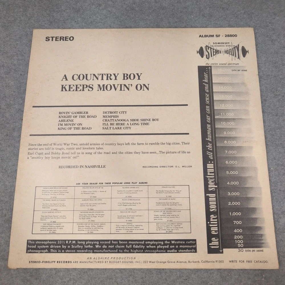 Bobby Bond Earl Cupit A Country Boy Keeps Movin' On Vinyl LP Somerset SF-28800 - Picture 2 of 4